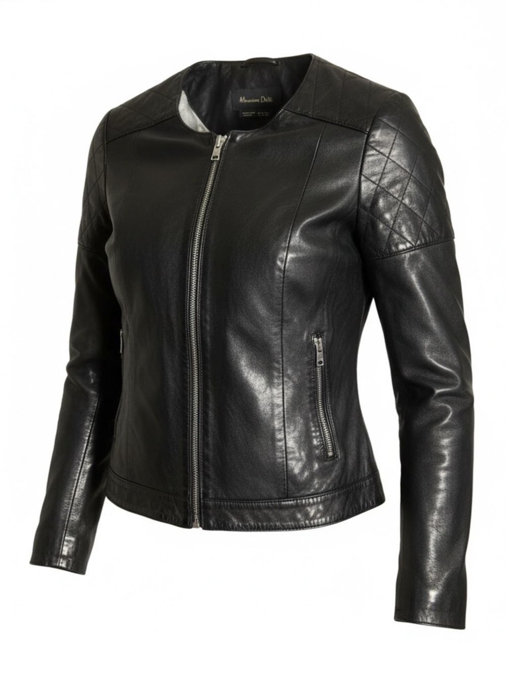 Massimo Dutti Black Quilted-Shoulder Leather Jacket, Fitted
